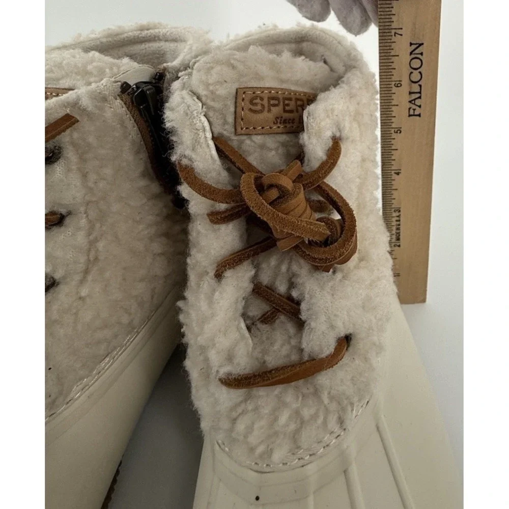 Sperry Saltwater Sherpa Duck Boots Waterproof‎ Lace Up Rain Booties Ivory 6.5
